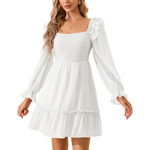 Clearlove Women's Square Neck Lantern Long Sleeve Ruffle Shirred Flowy Party Mini Dress - 1 of 4