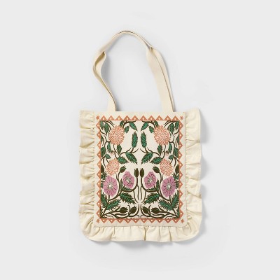 Latino Heritage Month Ruffle Reusable Tote Bag - Ivory Floral