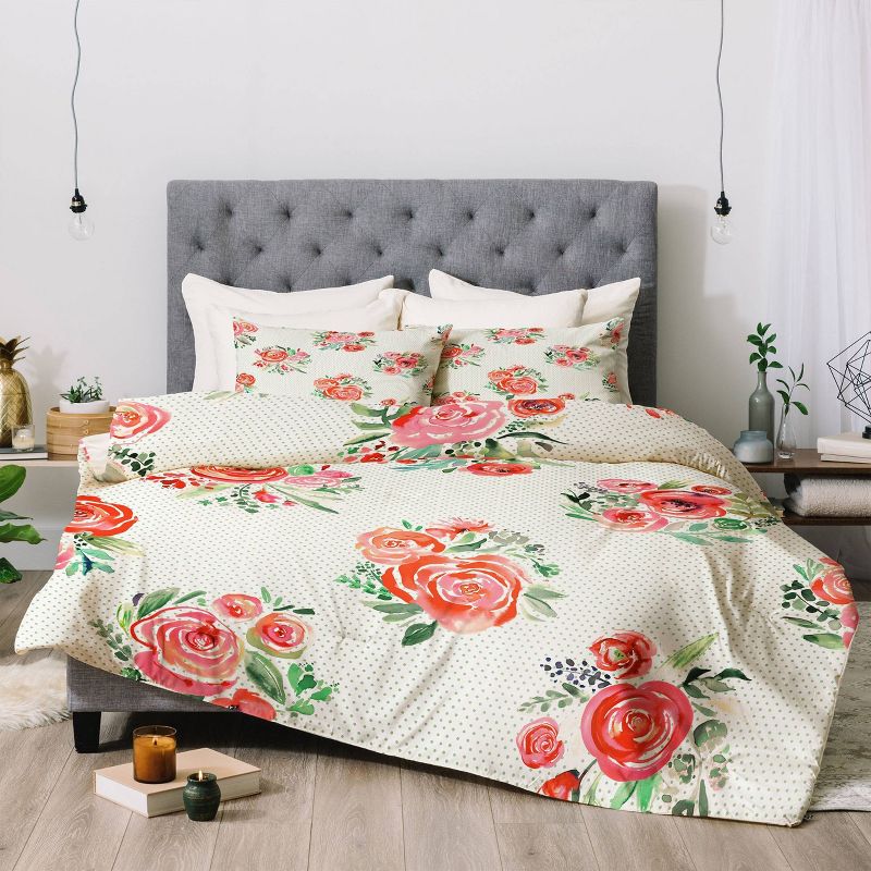 3pc King Sweet Roses Bouquet Watercolor Cotton Comforter &#38; Sham Set Orange - Deny Designs, 5 of 6