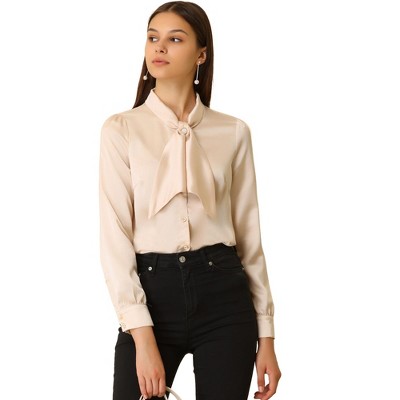 INSPIRE CHIC Women's Button Down Shirt Tie Neck Satin Business Casual Blouse