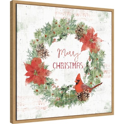 Wooded Holiday Christmas Wreath Canvas Print with Maple Frame