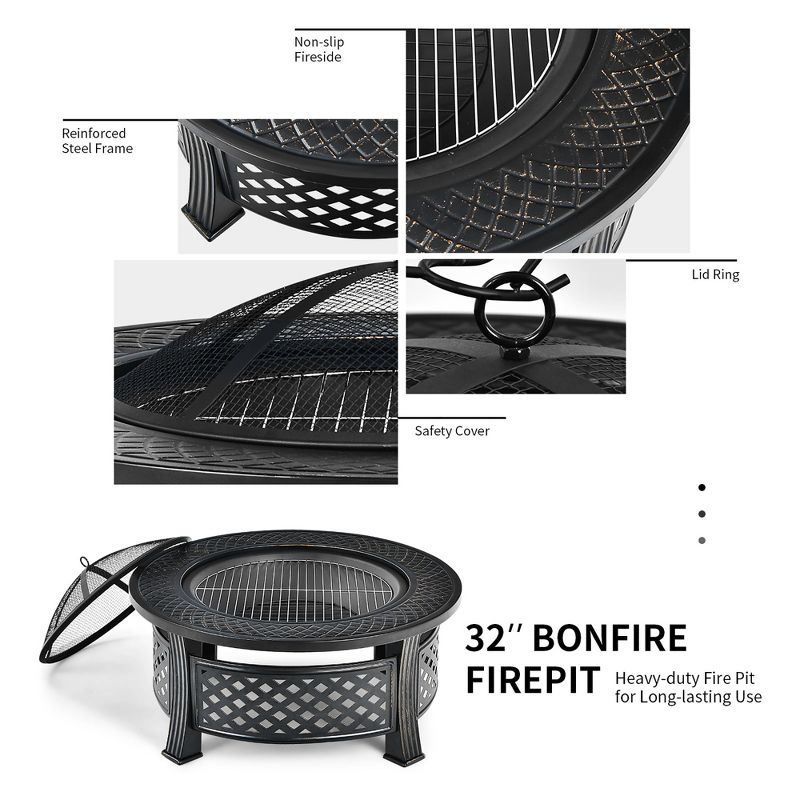 Costway 32'' Round Fire Pit Set W/ Rain Cover BBQ Grill Log Grate Poker, 4 of 11