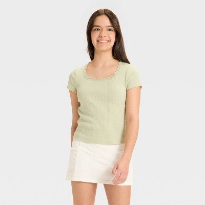 Girls' Lace Trim Short Sleeve Pointelle T-Shirt - art class™