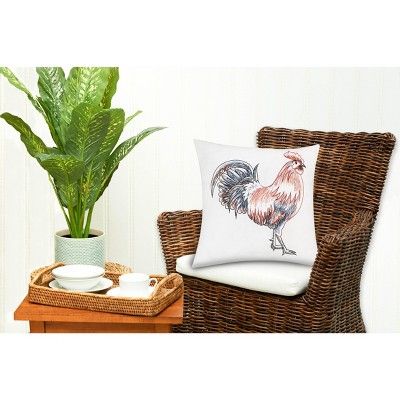 18" White and Multicolor Embroidered Rooster Throw Pillow