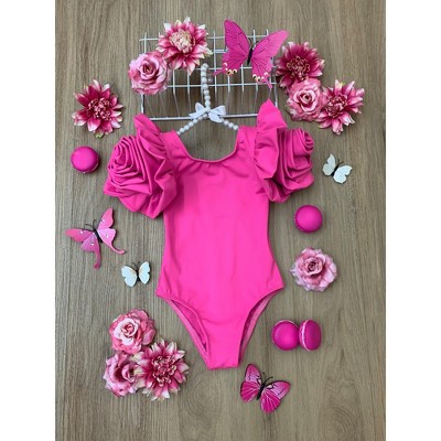 Mia Belle Girls Blooming Rose Sleeve Pink One Piece Swimsuit Mia Belle Girls, Hot Pink, 6-6X — фото 3