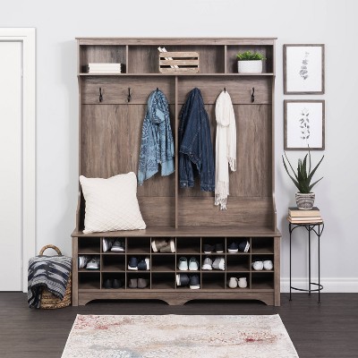 Drifted Gray Hall Tree with 24 Shoe Cubbies and Coat Hooks