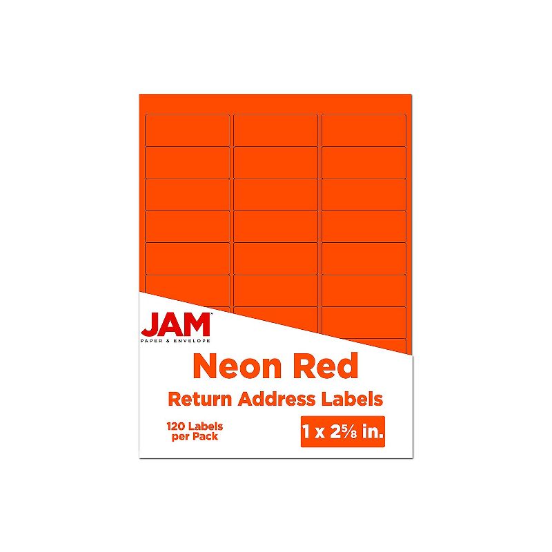 JAM Paper Laser/Inkjet Mailing Address Labels 1 x 2 5/8 Neon Red 354328230, 1 of 6
