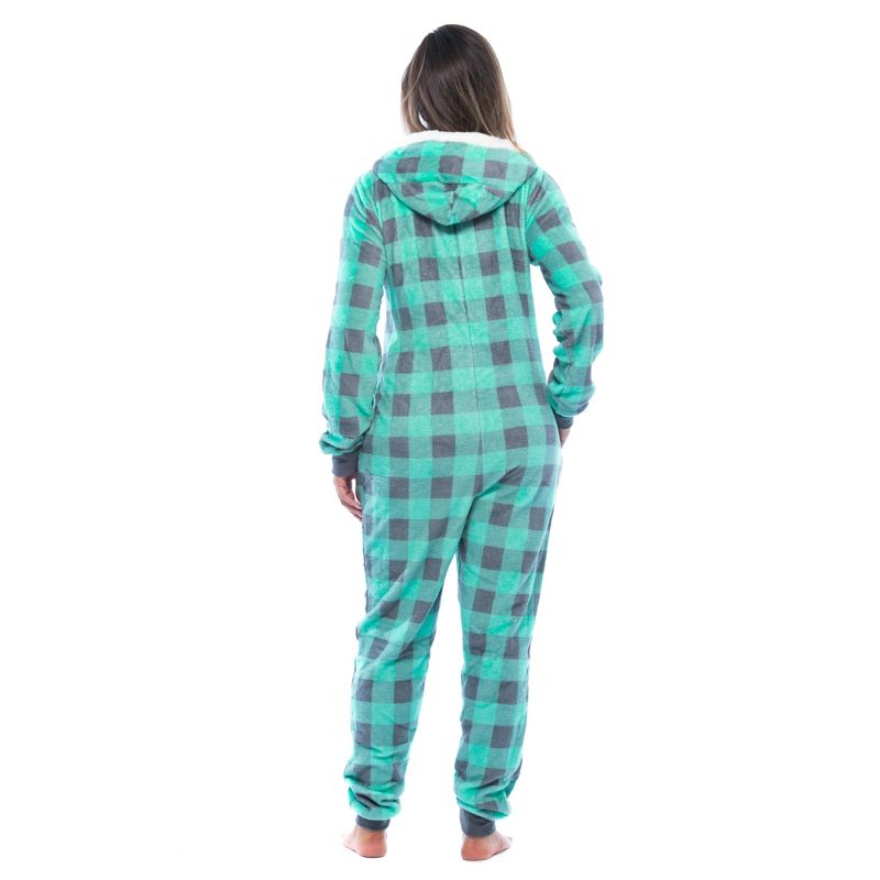 Just Love Womens One Piece Buffalo Plaid Adult Onesie Faux Sherling Lined Hoody Pajamas, 3 of 5