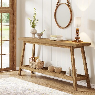 HDZNVF 70.9 in Extra Long Farmhouse Console Table, Solid Wood Entryway Table with 2-Tier Open Storage