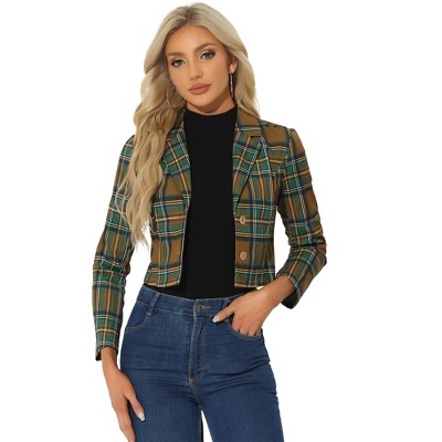 Allegra K Women's Notched Lapel Stretch Plaid Preppy Tartan Crop Blazer