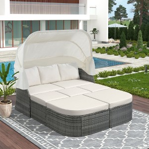 Osparple Outdoor Furniture Set Wicker Sectional Rectangle Sofa with Retractable Canopy, Ottoman Separable Table with Storage for Patio, Garden - 1 of 4