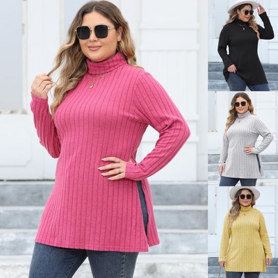 Garvee Women Plus Size Striped High Neck Long Sleeve Slit Slim-Fit Midi Tops