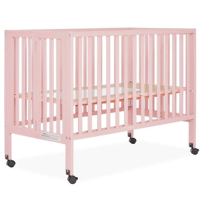 Dream On Me Quinn Full-Size Folding Crib I Removable Wheels I Modern Nursey I Adjustable Mattress Support I Patent Folding System in Blush Pink, 4 of 11