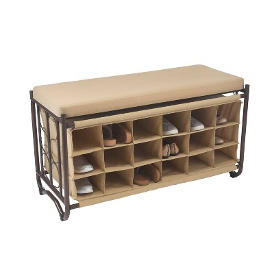 Industrial Beige and Bronze Shoe Storage Bench with 18 Cubbies