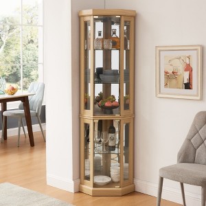 KTMBDW Glass Display Curio Cabinet with Tempered Glass Doors and Shelves, Curved Wood Corner Cabinet for Bar and Liquor Storage - 1 of 4