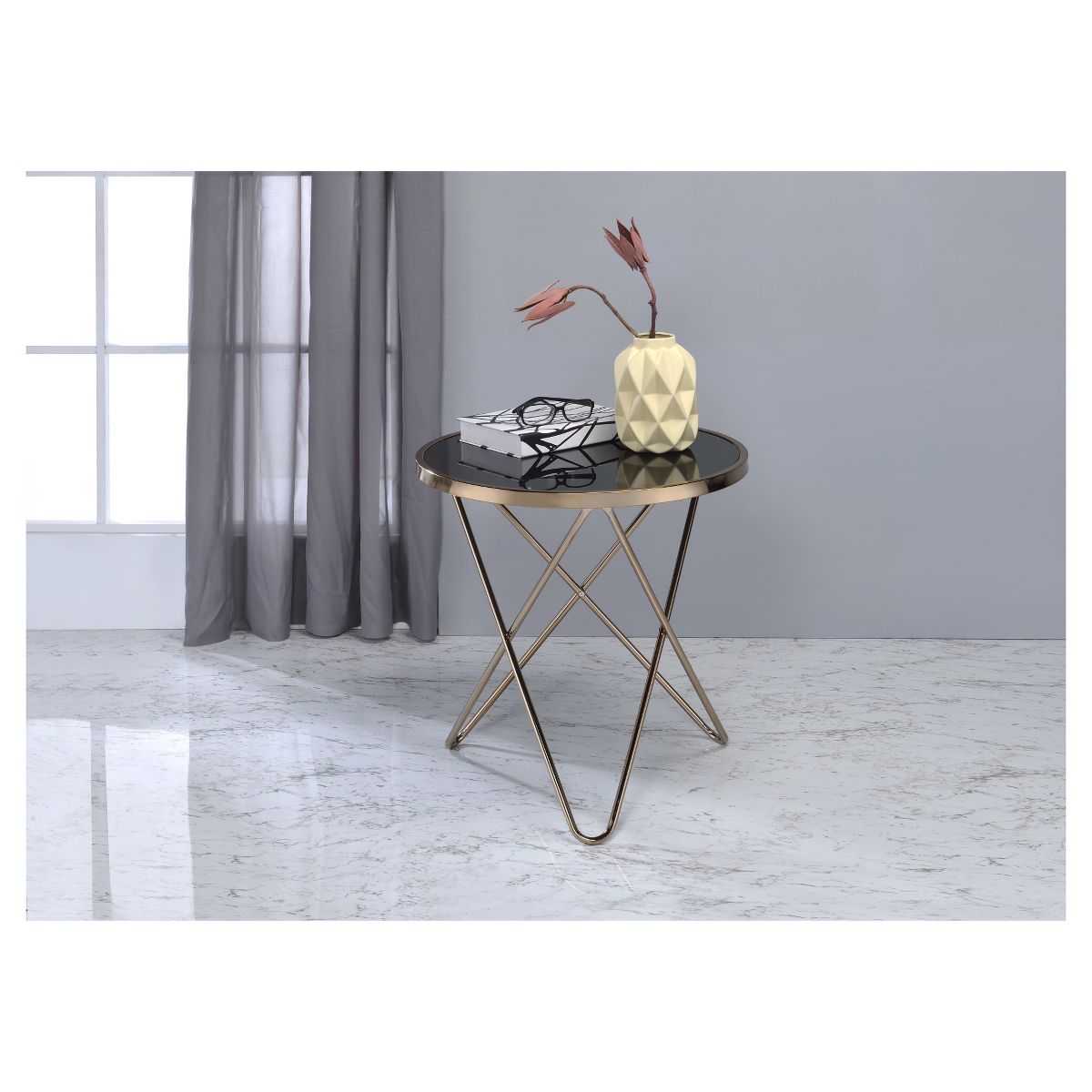 End Table Black Champagne - Acme Furniture: Modern Geometric Base, Laminated Glass, Metal Frame - thumbnail 2