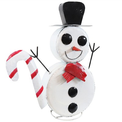 Sunnydaze Indoor/Outdoor Rustic Metal Snowman with Top Hat and Candy Cane Decorative Holiday Statue - 21"