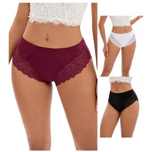 INSPIRE CHIC 3 Pcs Women's Wide Lace Trim Mid-Waisted Underwear Full Coverage Comfortable Briefs - 1 of 4