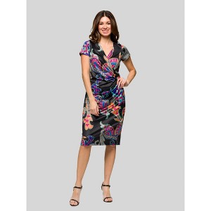 24seven Comfort Apparel Womens Black Paisley Knee Length Short Sleeve Faux Wrap Dress - 1 of 4