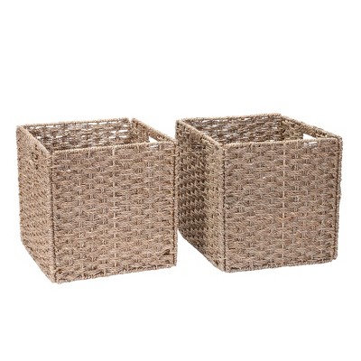 Hastings Home Foldable Square Hand-Weaved Wicker Storage Bins Set – 12", Natural, Set of 2