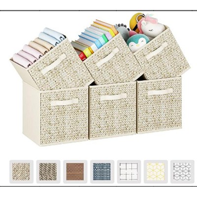 6-Piece Beige Woven Storage Set with PU Handles, Featuring Rattan-Print Fabric Design.
