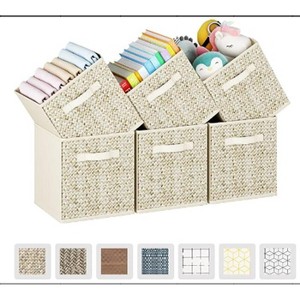 6-Piece Beige Woven Storage Set with PU Handles, Featuring Rattan-Print Fabric Design. - 1 of 4