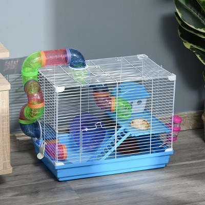 2 Tier Hamster Cage with Exercise Wheel Water Bottle House Tubes and Tray,18'' Small Animal Habitat for Mice Gerbils Dwarf Hamsters,Blue - LAOTIES