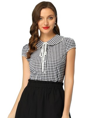Allegra K Women's Tie Neck Peter Pan Collar Short Sleeve Plaid Shirt