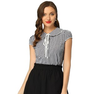 Allegra K Women's Tie Neck Peter Pan Collar Short Sleeve Plaid Shirt - 1 of 4