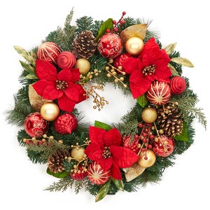 24" Christmas Wreath, Christmas Artificial Garland with Red Flowers & Gold Ball Ornaments for  Front Door Fireplace Window Wall Decor - 1 of 4