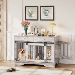 Dog Kennel Furniture, Wooden Dog Crate with Sliding Barn Door, 2 Storage Drawers and Removable Divider, 47.2" Decorative Dog House for Medium Dogs - 1 of 4