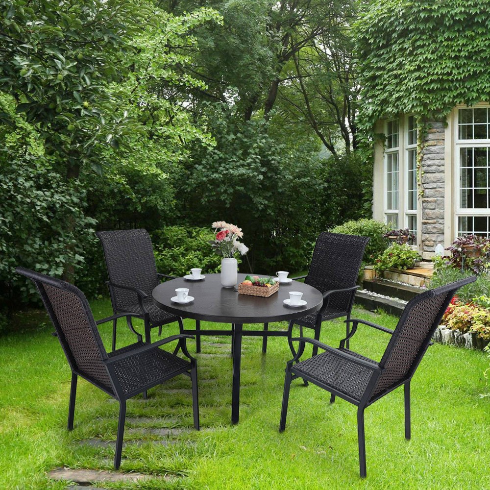 5pc Patio Dining Set with Rattan Arm Chairs & Round Steel Frame & Faux Wood Tabletop – Captiva Designs  – Patio​
