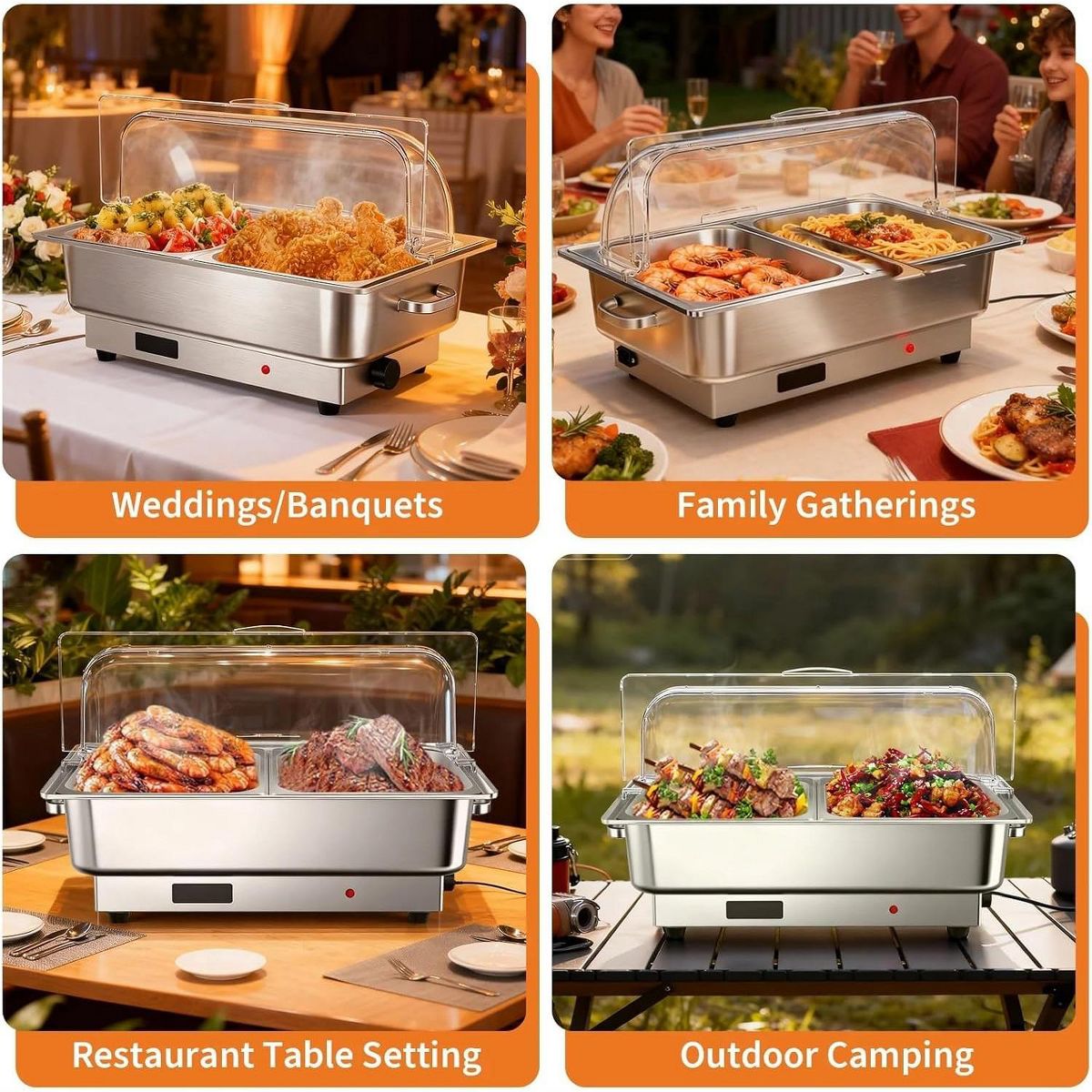 2 Pack 9QT Stainless Steel Electric Chafing Dish Buffet Set, Adjustable Temp Food Warmer with 3 Removable Pans for Party Wedding Banquet - thumbnail 5