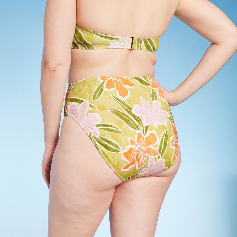 Women's Ribbed High Waist High Leg Medium Coverage Bikini Bottom - Shade & Shore™ Lime Green Floral Print, 6 of 7