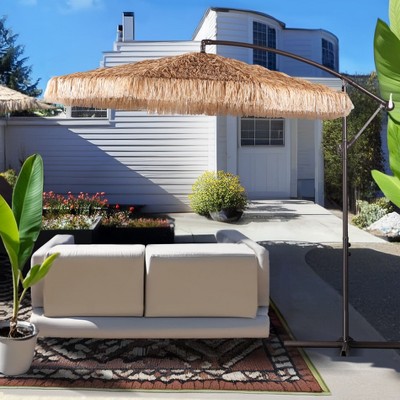 10 ft Natural Straw Cantilever Tiki Thatch Patio Umbrella with Aluminum Frame