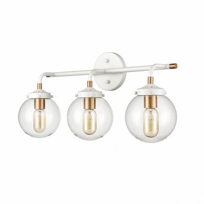 Matte White and Satin Brass 3-Light Vanity with Clear Glass Shades