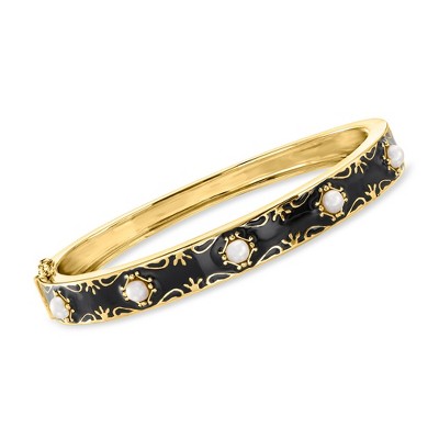 Ross-Simons 3.5-4mm Cultured Button Pearl and Black Enamel Bangle Bracelet in 18kt Gold Over Sterling