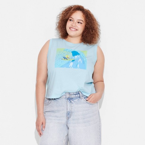 Women's SpongeBob Surfing Graphic Tank Top - Light Blue - image 1 of 3