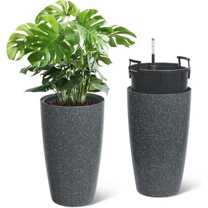 2PC Tall Round Tapered Planter, Indoor/Outdoor Self Watering Pots, Large Flower Pot Outdoor with Built-in Drainage and a Water Level for Home - 1 of 4