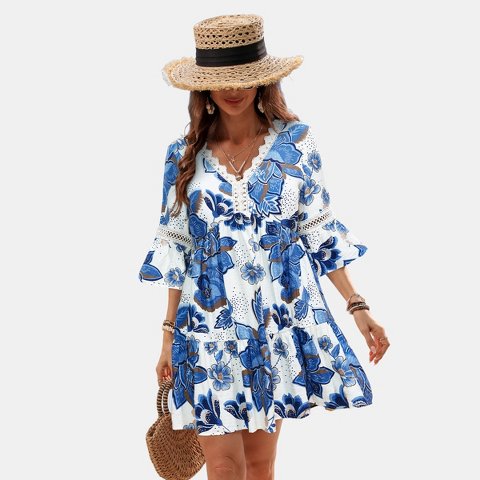 Женские платья Cupshe Women's Boho Floral Beach Dress with Bell Sleeves-L-Blue