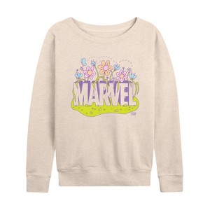Women's - Marvel - Logo Florals Lightweight French Terry Wide Neck Long Sleeve Shirt - 1 of 4