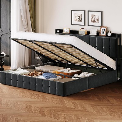 Lift Up Storage Bed Frame , Velvet Upholstered Hydraulic Platform Bed Storage Headboard , Wooden Slats, No Box Spring Needed