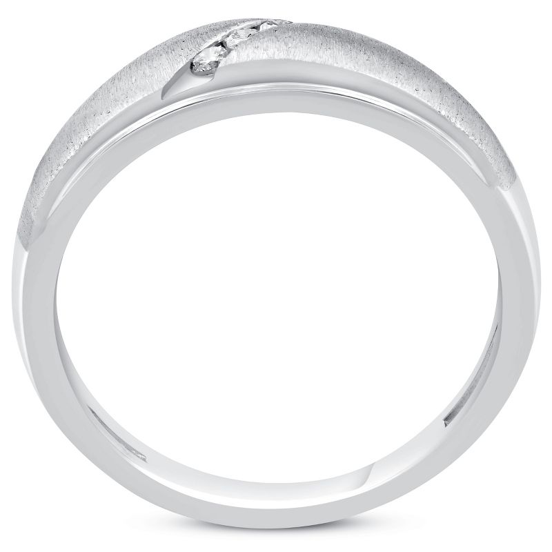 Pompeii3 Mens 1/10ct Three Diamond Brushed Wedding Ring 10k White Gold Anniversary Band, 2 of 5