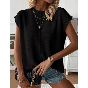 Womens Summer Cap Sleeve Tops Trendy Casual Crew Neck Knit Lightweight Sweater Pullover Top - 1 of 4