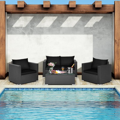 Tangkula 4PC Patio Rattan Wicker Conversation Furniture Set Sectional Sofa & Coffee Table