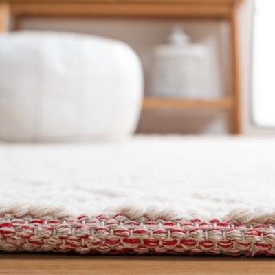Ivory and Red Hand-Knotted Wool Rectangular Area Rug