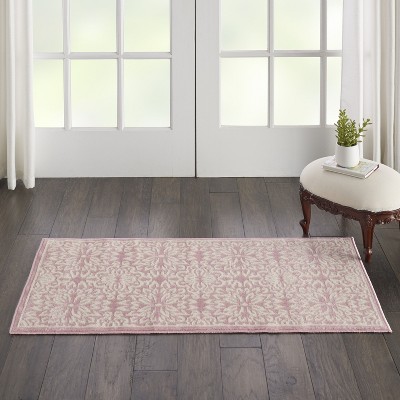 Hand-Knotted Ivory/Pink Floral Synthetic Easy-Care Rug 2' x 4'