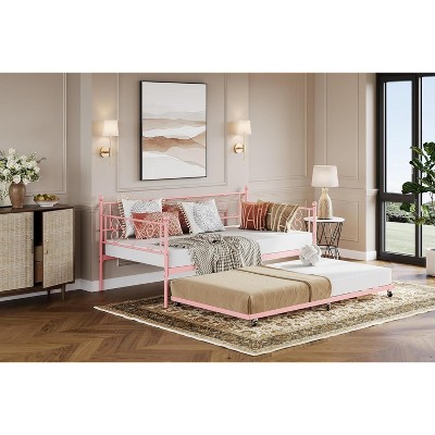homfan Twin Daybed with Trundle, Heart-Shaped Headboard, Metal Frame & Steel Slats - for Kids, Bedroom, Guest Room - Pink, Easy Assembly