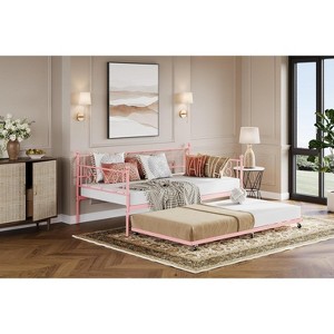 homfan Twin Daybed with Trundle, Heart-Shaped Headboard, Metal Frame & Steel Slats - for Kids, Bedroom, Guest Room - Pink, Easy Assembly - 1 of 4