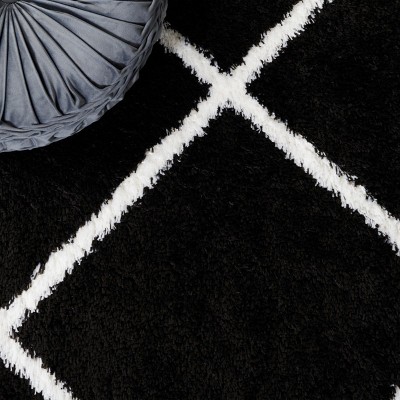 Black and White Geometric Shag Runner Rug, 2' x 9'